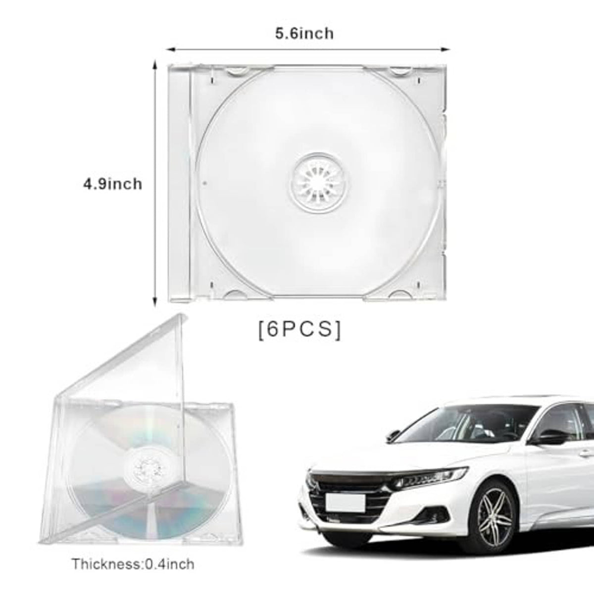 Clear single-disc CD jewel case with tray, includes 5.6 in x 4.9 in size view