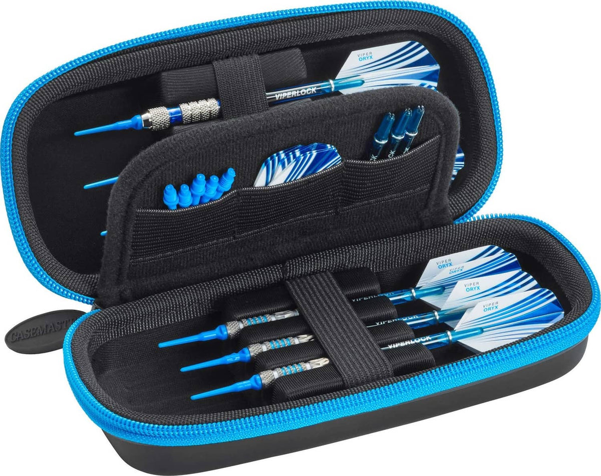 Black and blue slim dart case with internal compartments for darts and accessories.