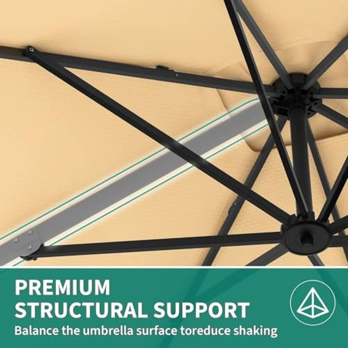 Beige cantilever umbrella frame with black steel ribs and central support hub