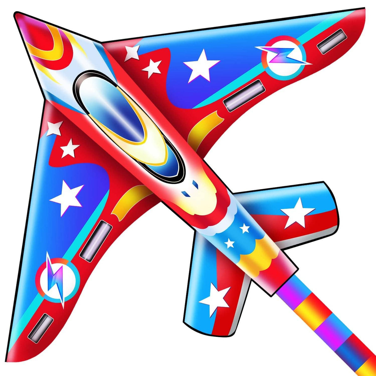 Red and blue airplane kite with rocket flame graphic and star accents