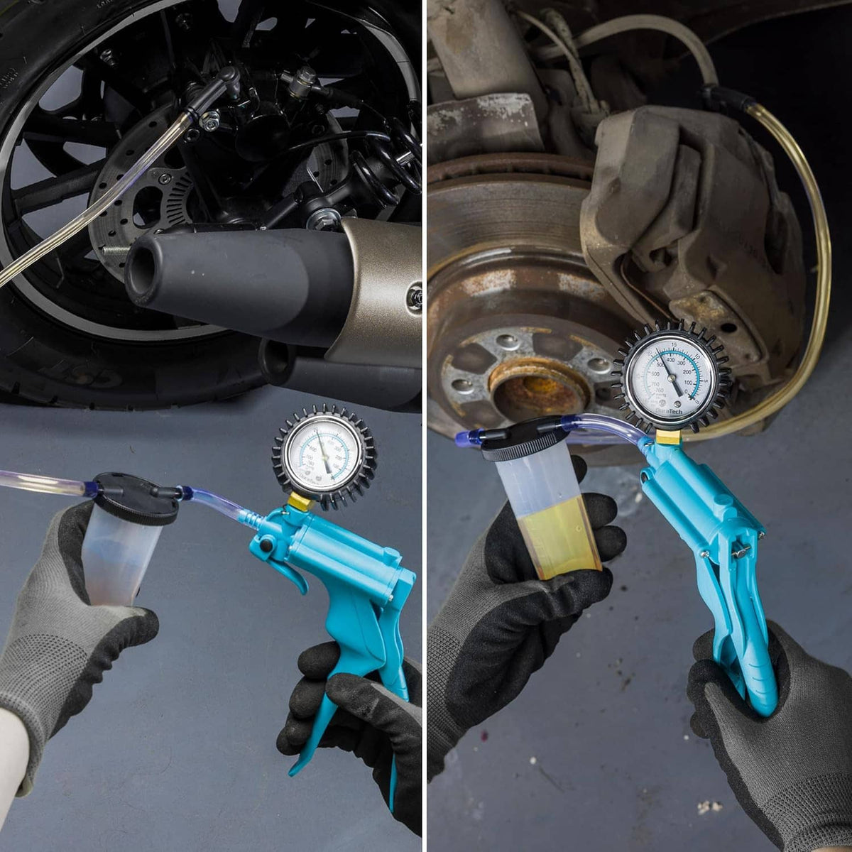 Brake bleeder vacuum pump connected to a brake assembly with vacuum gauge