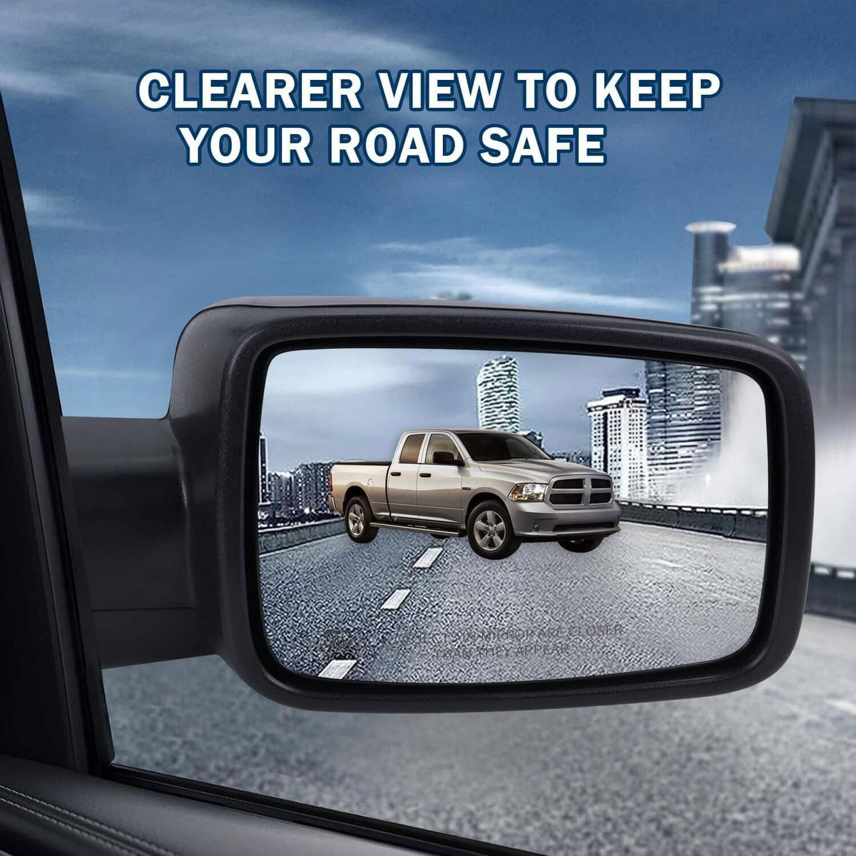 Right passenger side mirror with clear view glass and black housing