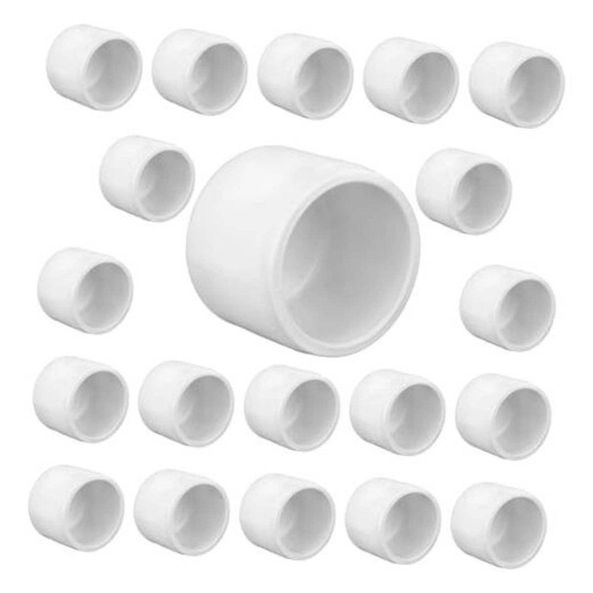 Set of white PVC pipe end plug caps, cylindrical with open interior