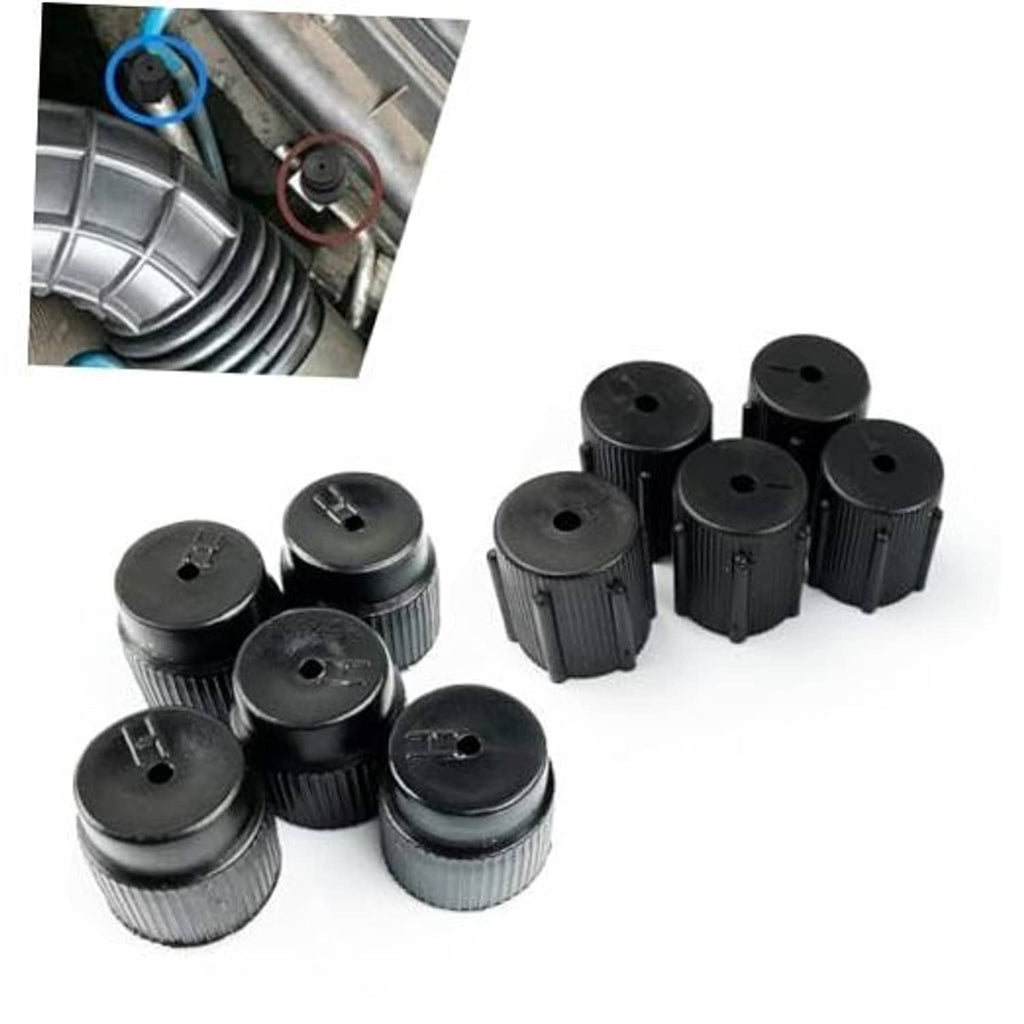 10-pack black ribbed AC valve caps with center pinhole openings
