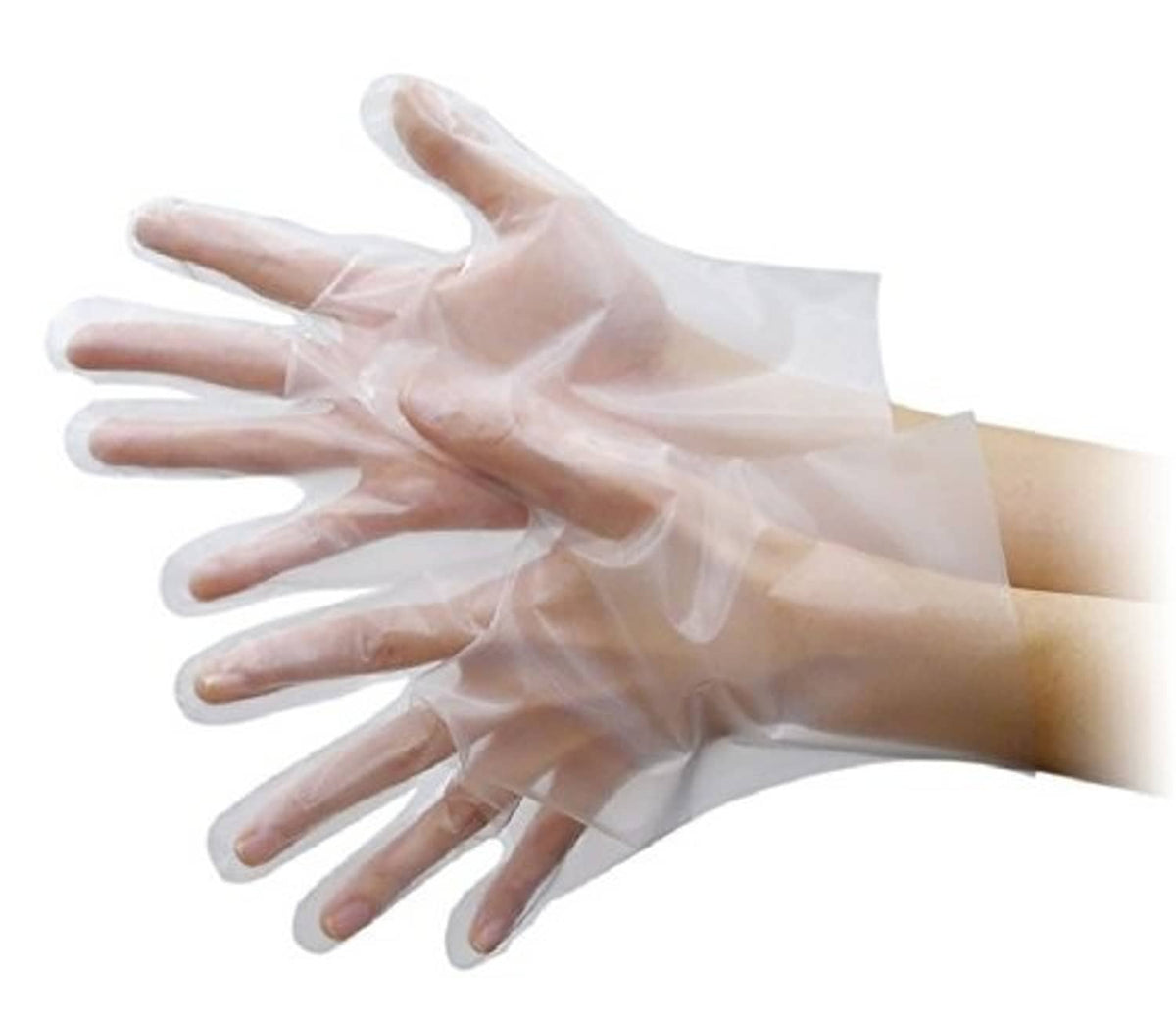 Medium clear disposable gloves worn on a hand; thin plastic protective fit.