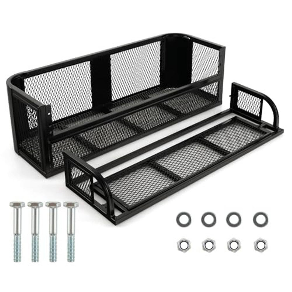 Black ATV cargo basket with mesh platforms and side ramp handle