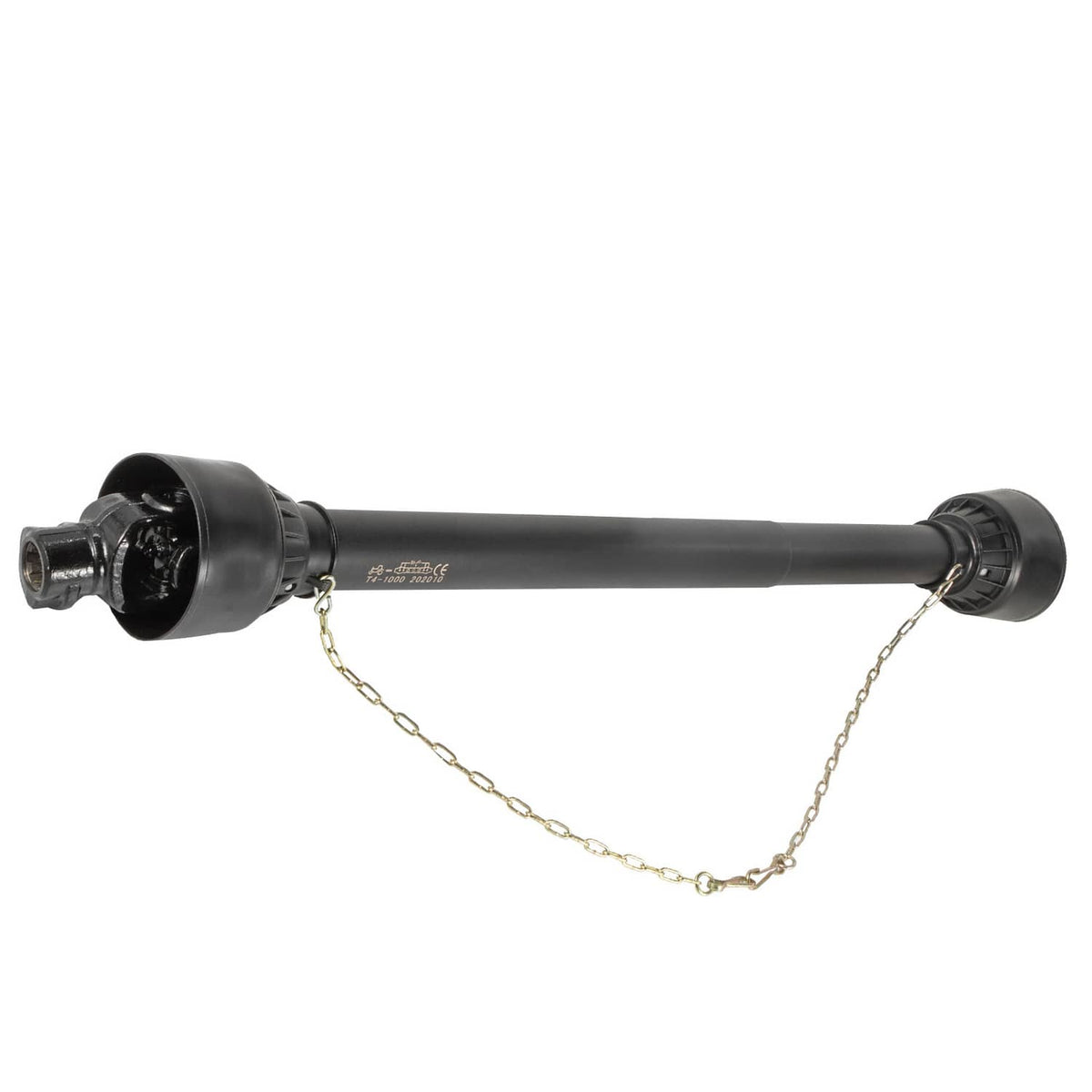 PTO drive shaft with splined yoke ends and protective chain, black round tube