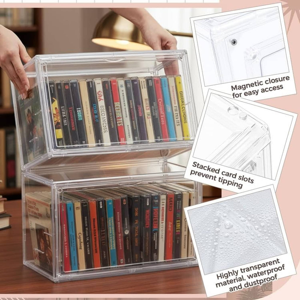 Clear acrylic stackable disc storage case with closure on the front and stacked slots