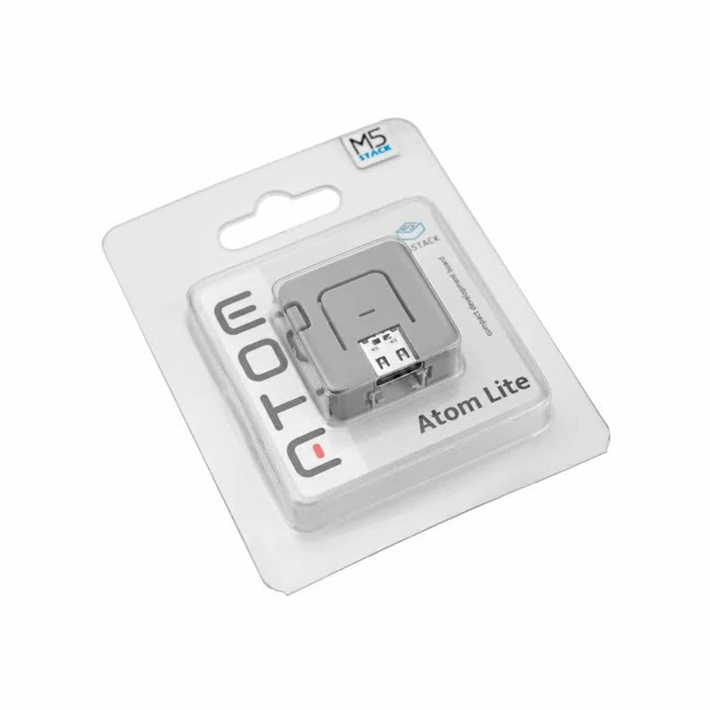 ATOM Lite ESP32 module retail packaging blister with grey device inside