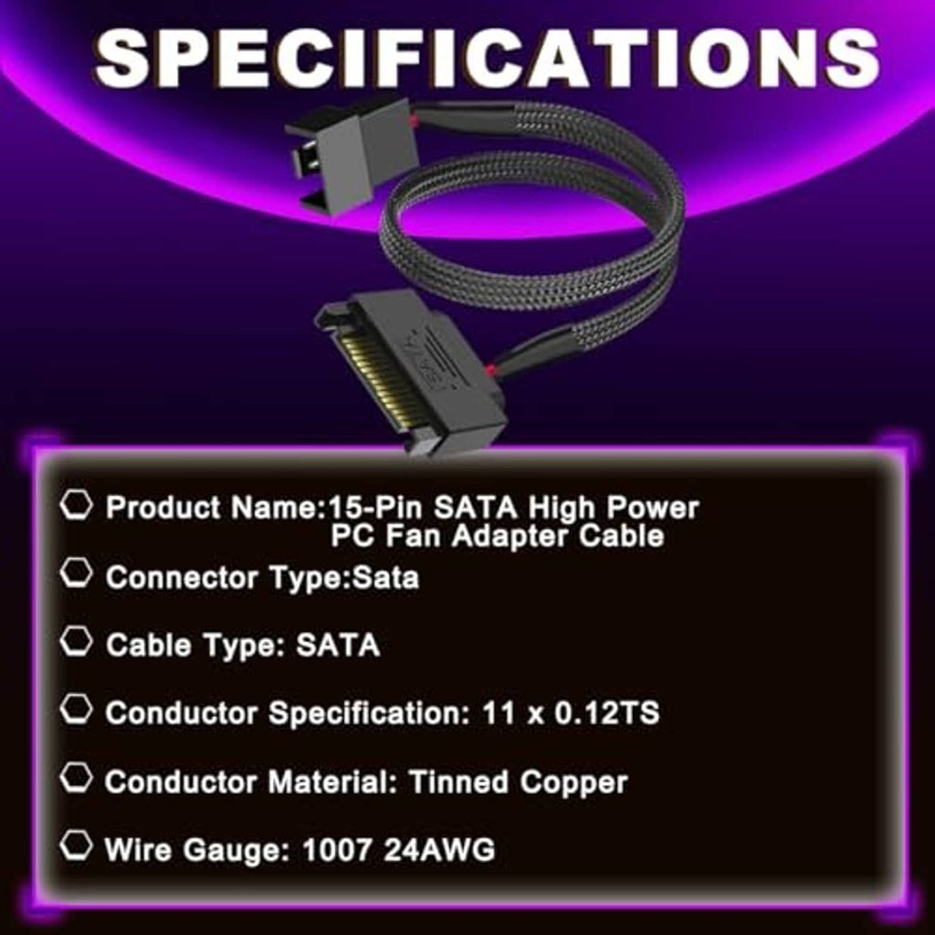 Single black 15-pin SATA to PC fan adapter cable with braided sleeve and 15-pin plug