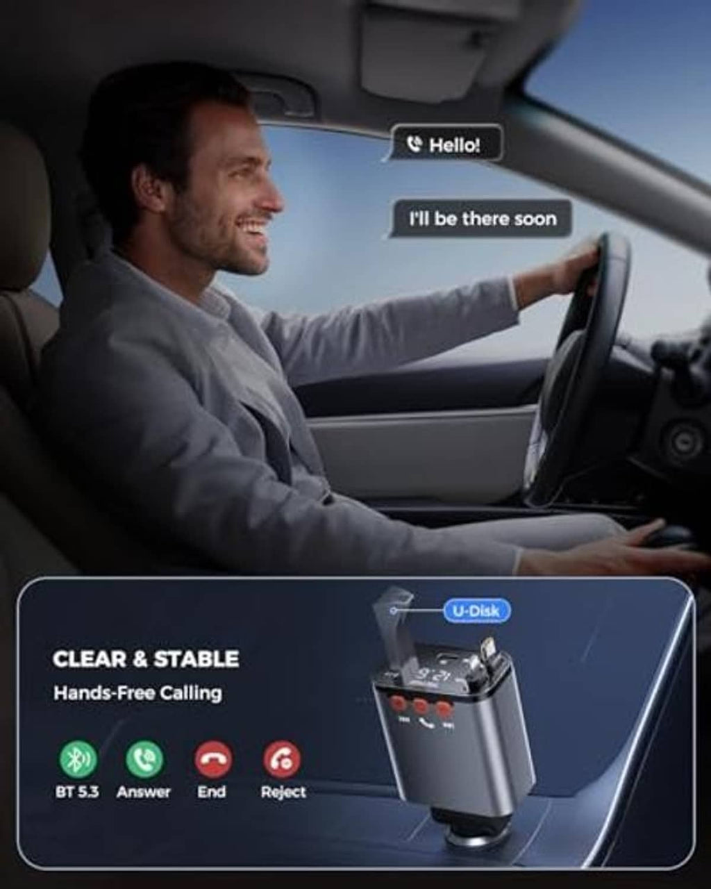 Car charging adapter docked near the dashboard for connected phone use