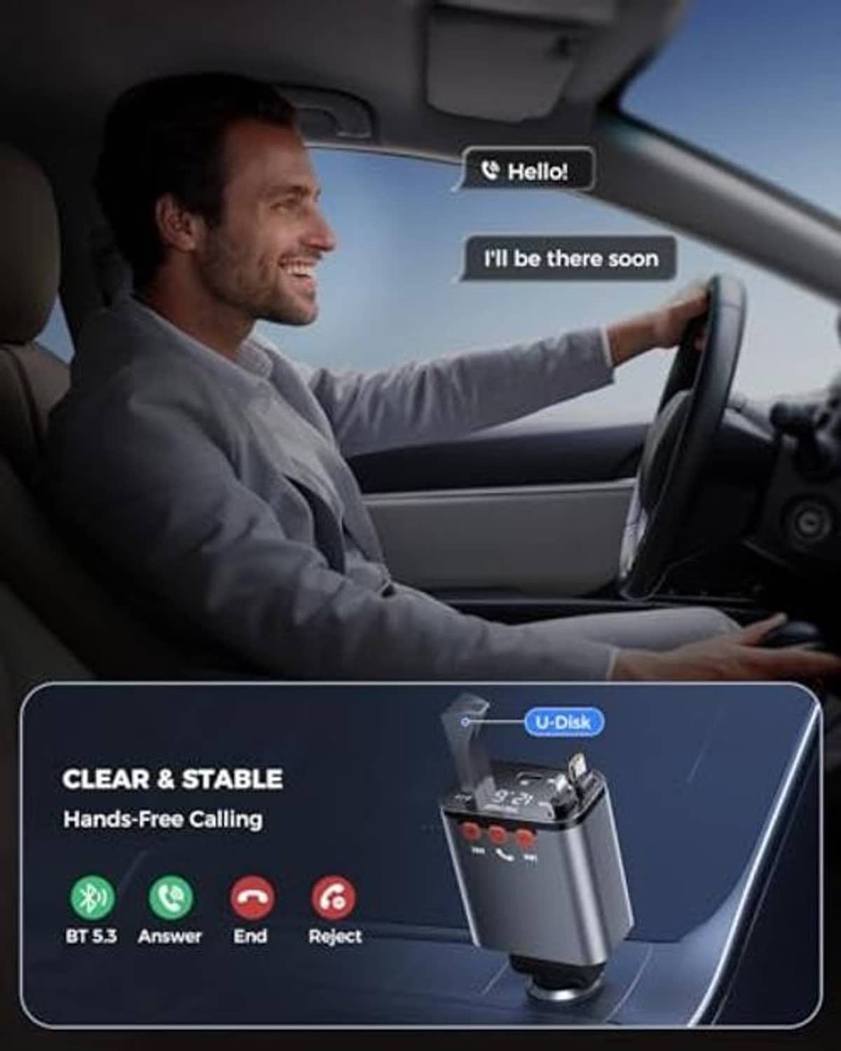 Car charging adapter docked near the dashboard for connected phone use