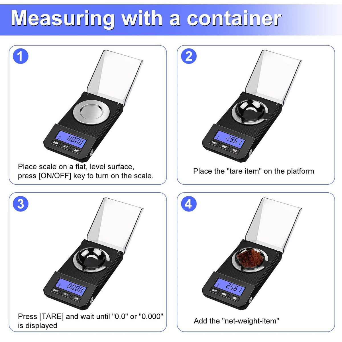Black digital milligram scale with open lid and round metal weighing platform