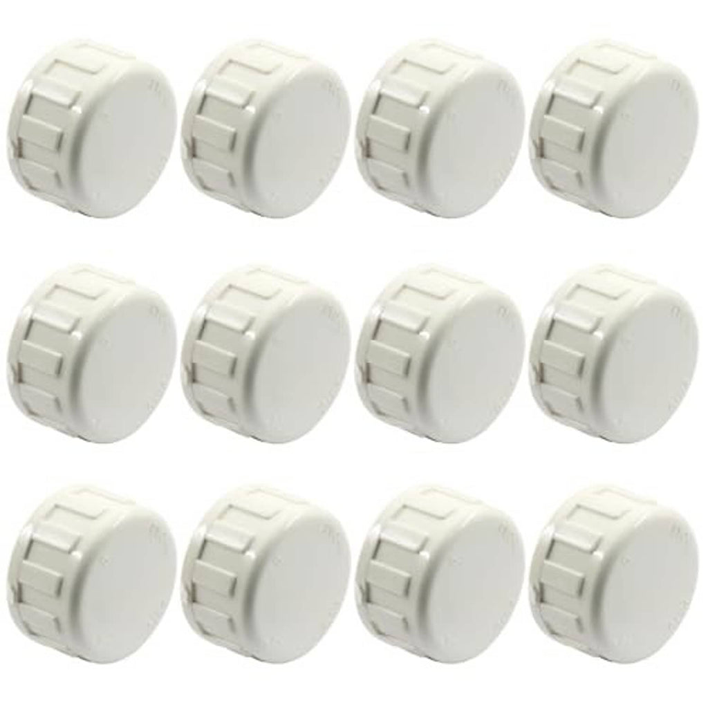 Pack of white PVC female-thread end caps, multiple capped ends with ribbed exterior