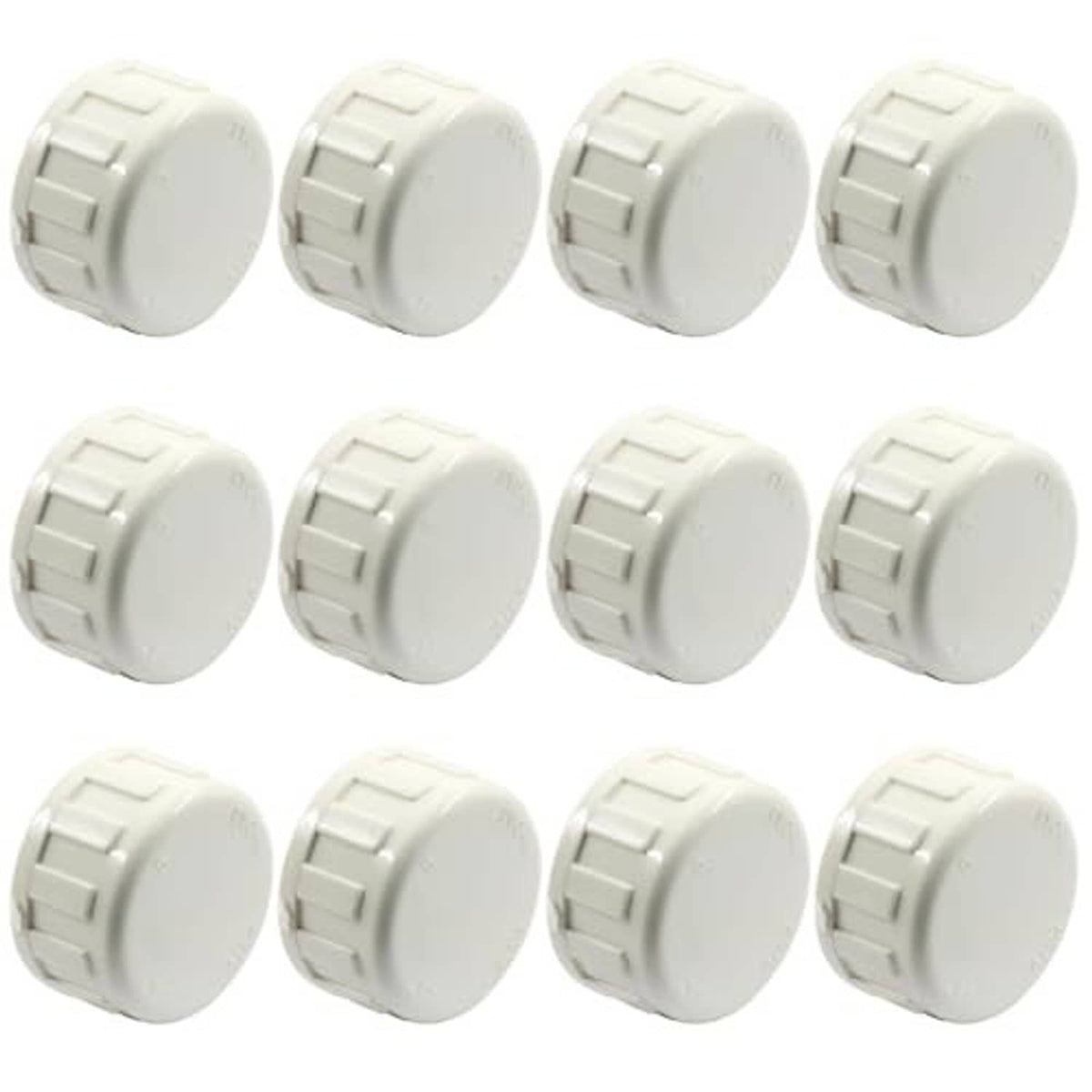 Pack of white PVC female-thread end caps, multiple capped ends with ribbed exterior