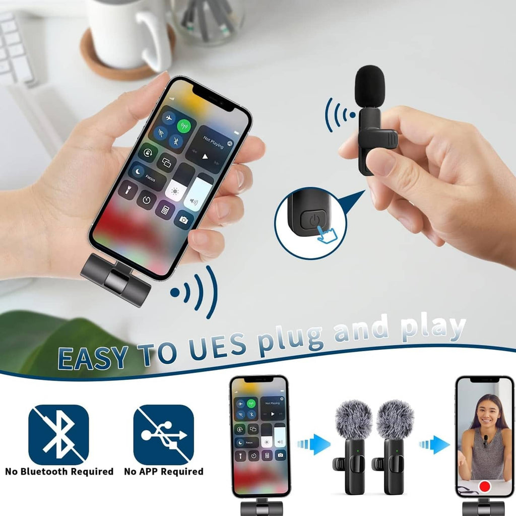 Wireless lavalier microphone with foam windscreen used for smartphone audio recording