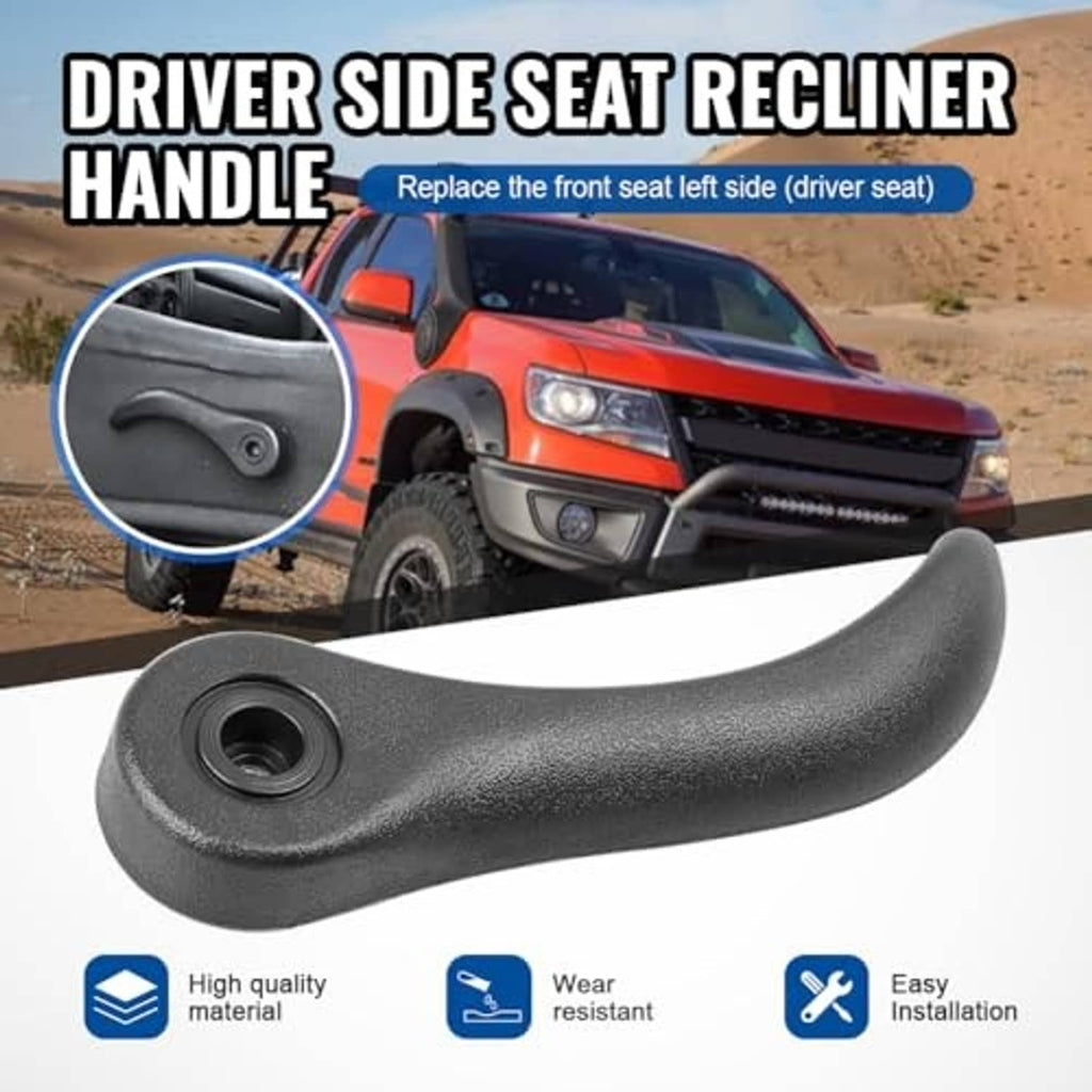 Gray driver-side seat recliner handle, textured grip with circular mounting opening