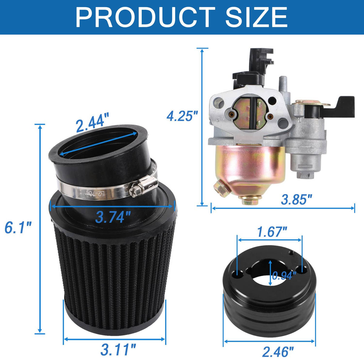 Black air filter and carburetor adapter shown with size reference diagram