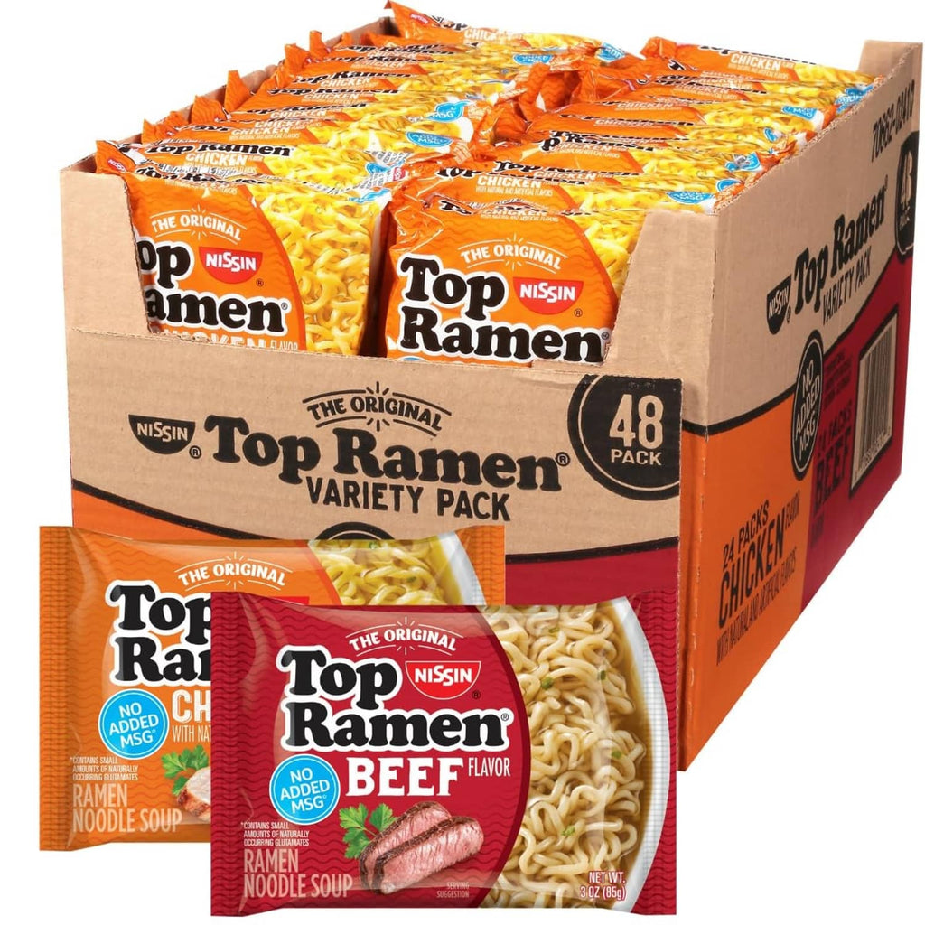 Top Ramen variety pack ramen noodle soup packets in a cardboard box