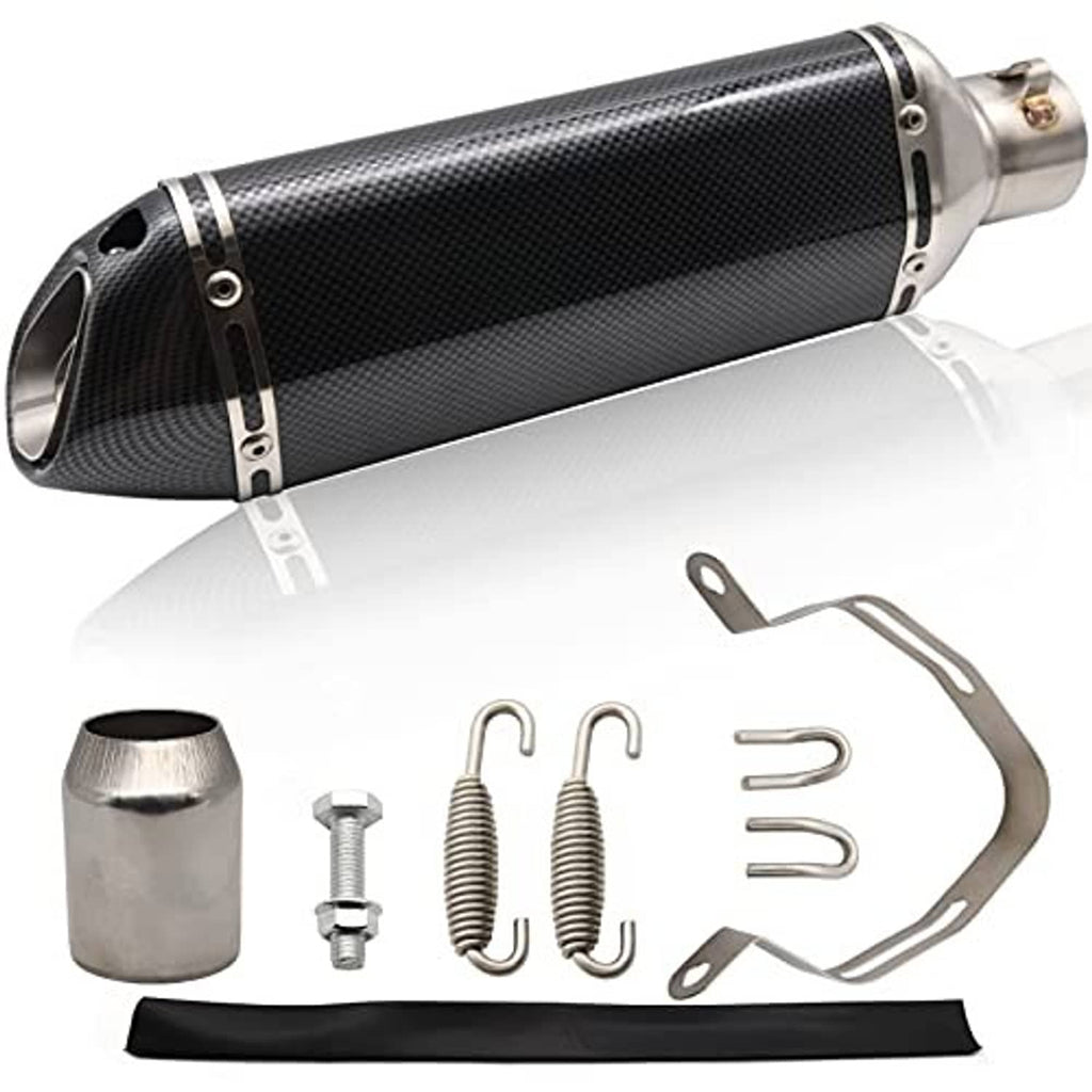 Carbon fiber-look motorcycle slip-on exhaust muffler kit with stainless tip and included hardware.