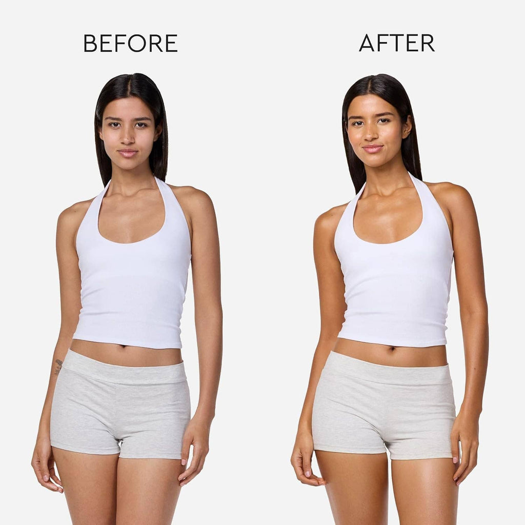 Woman in white sports top and gray shorts showing lighter-to-tan glow