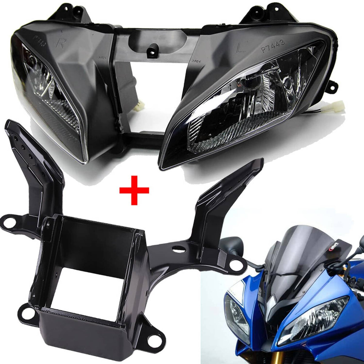 Front motorcycle headlight assembly with black bracket and clear, multi-lens housings