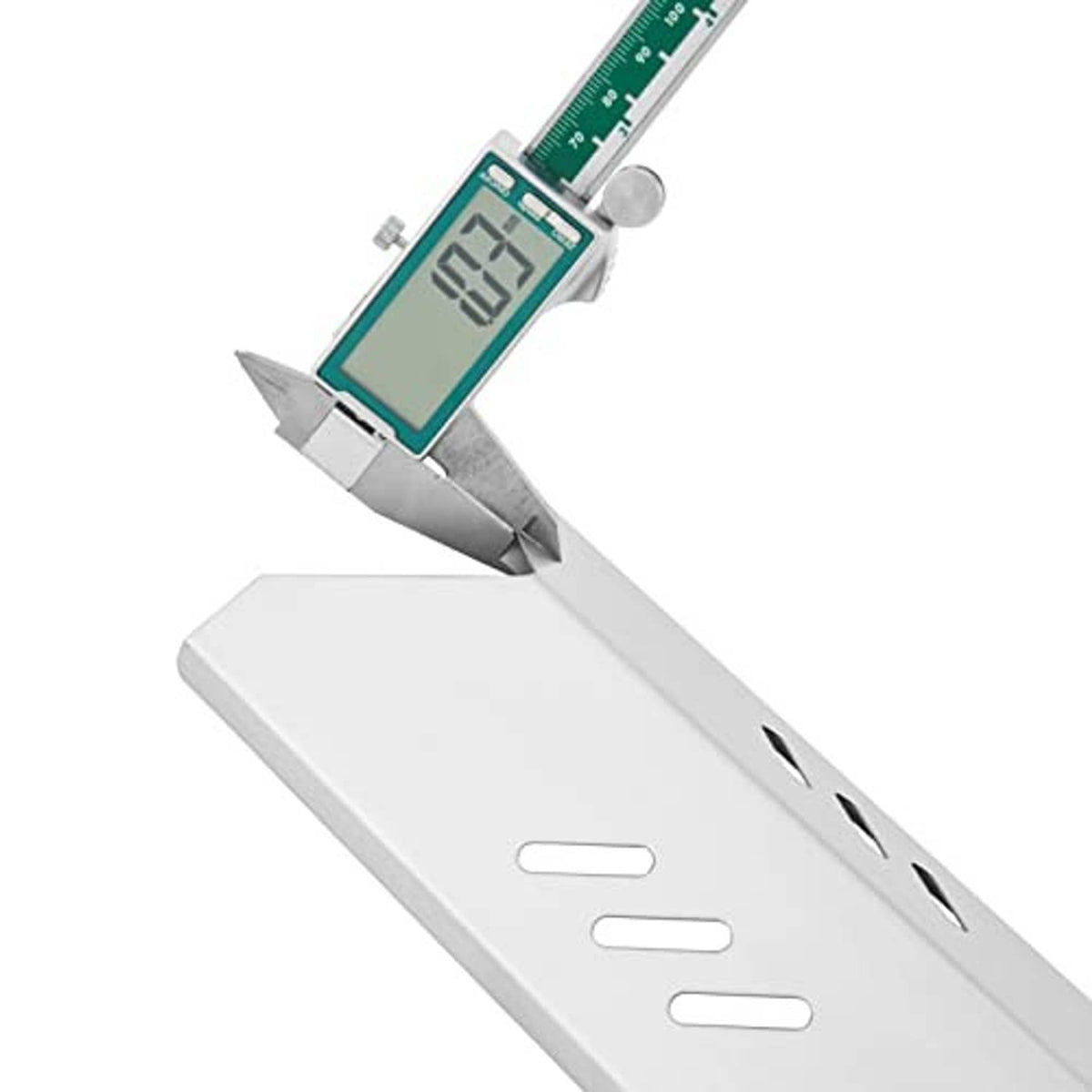 White heat plate with side cutouts and mounting tabs, close-up with gauge tool