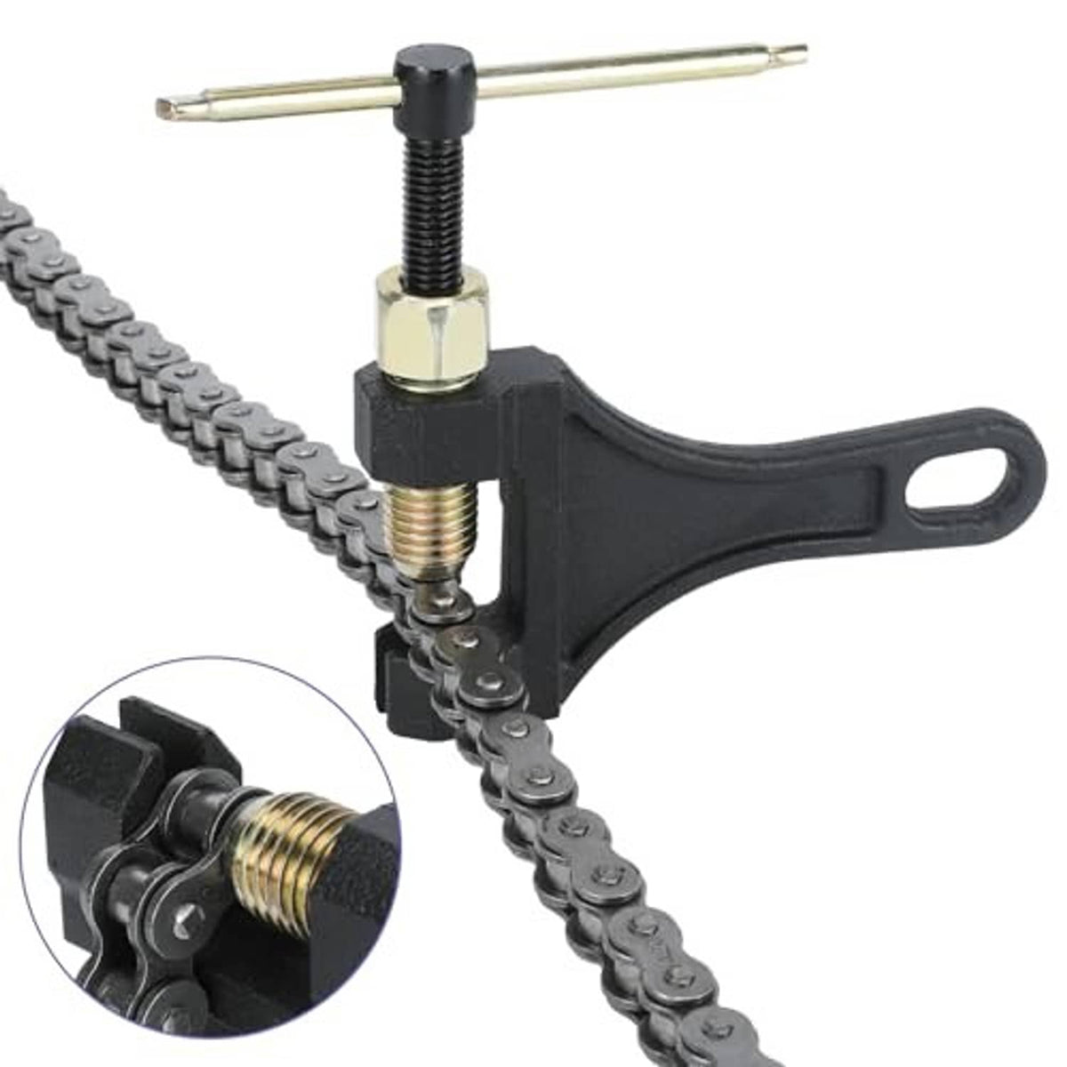 Motorcycle chain breaker tool with handle clamp for roller chain pin pushing