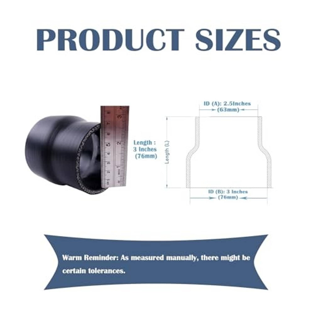 Black straight reducer hose coupler adapter with size measurement diagram (2.5–3 in)
