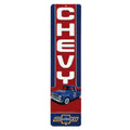 Chevrolet vintage embossed metal wall sign, red and blue, CH EV Y lettering and car graphic.