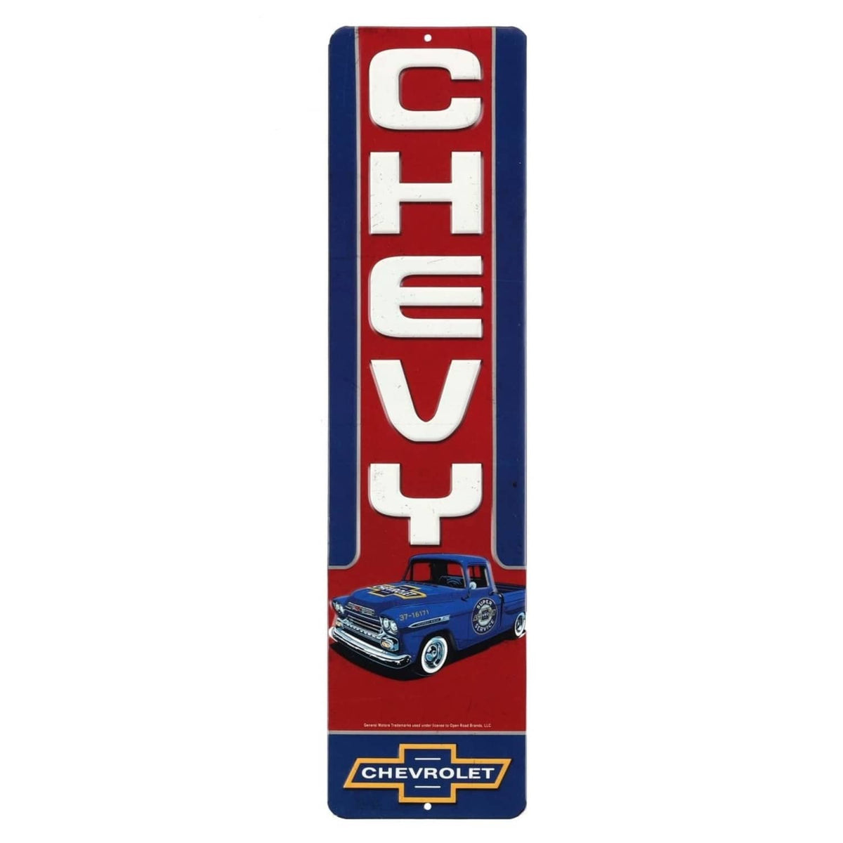 Chevrolet vintage embossed metal wall sign, red and blue, CH EV Y lettering and car graphic.