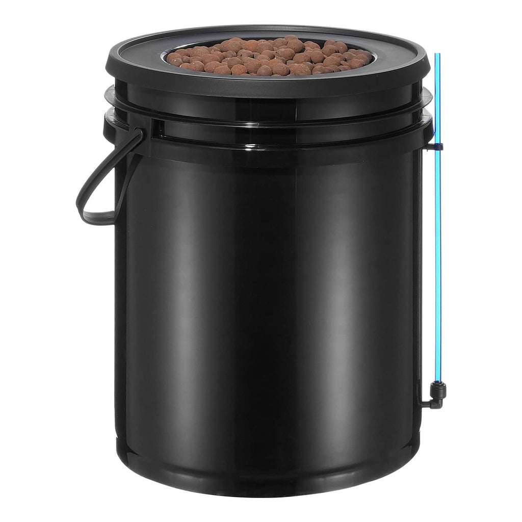 Black hydroponic grow bucket with lid and handle, side tube fitting and air line