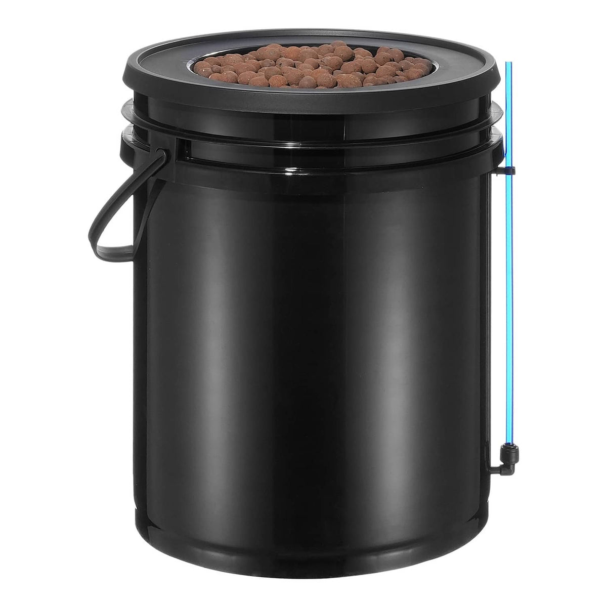 Black hydroponic grow bucket with lid and handle, side tube fitting and air line