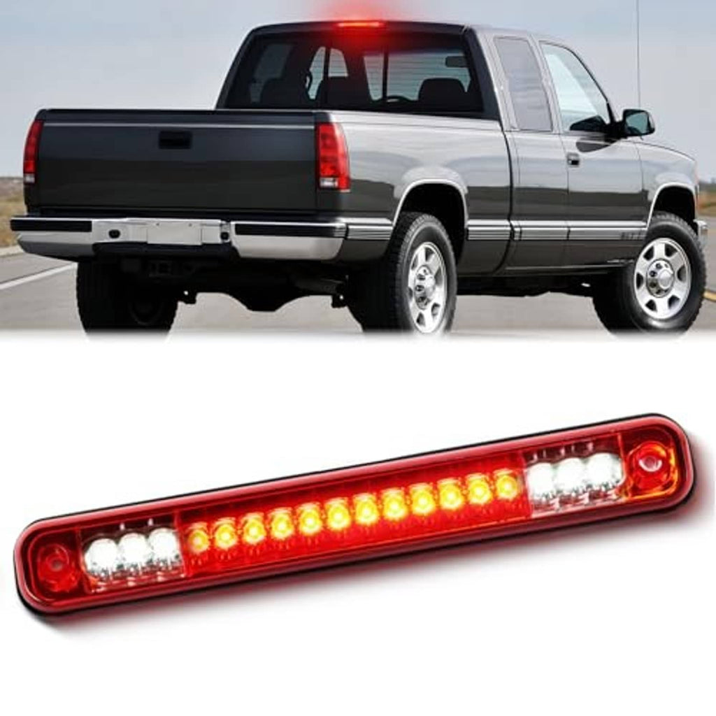 LED third brake light mounted on pickup bed, red lens with amber LED strip and clear bulbs
