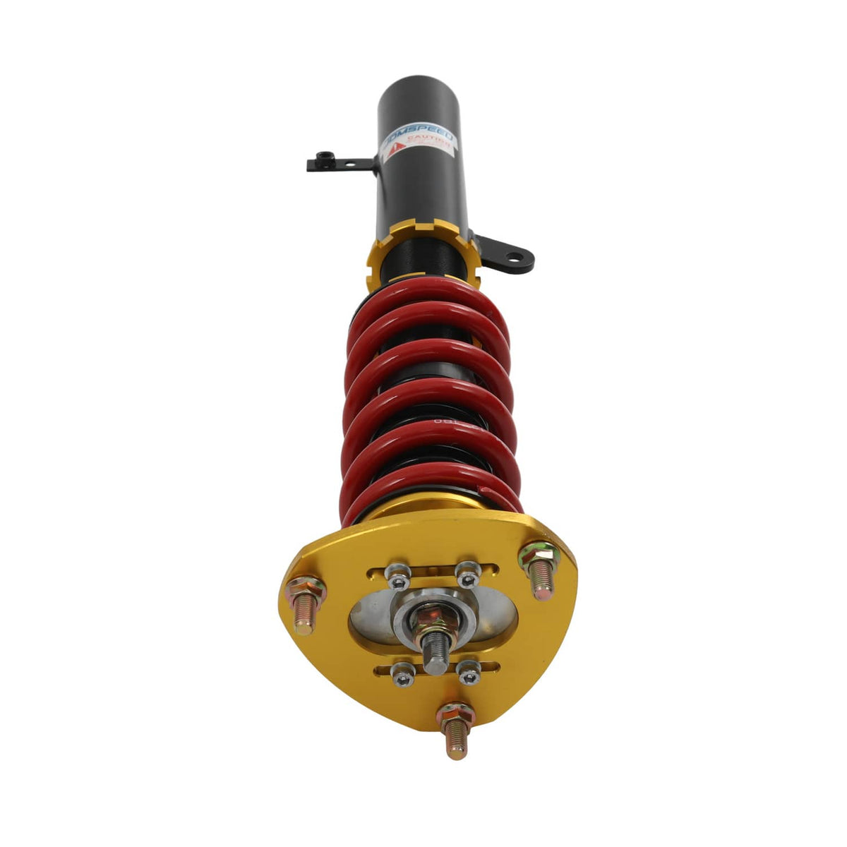Coilover strut with red spring and gold top mount plate, black upper support bracket