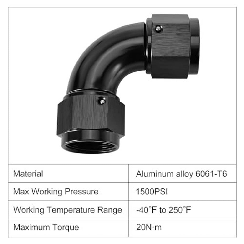 Black 90-degree AN swivel coupler fitting with side opening and curved elbow joint