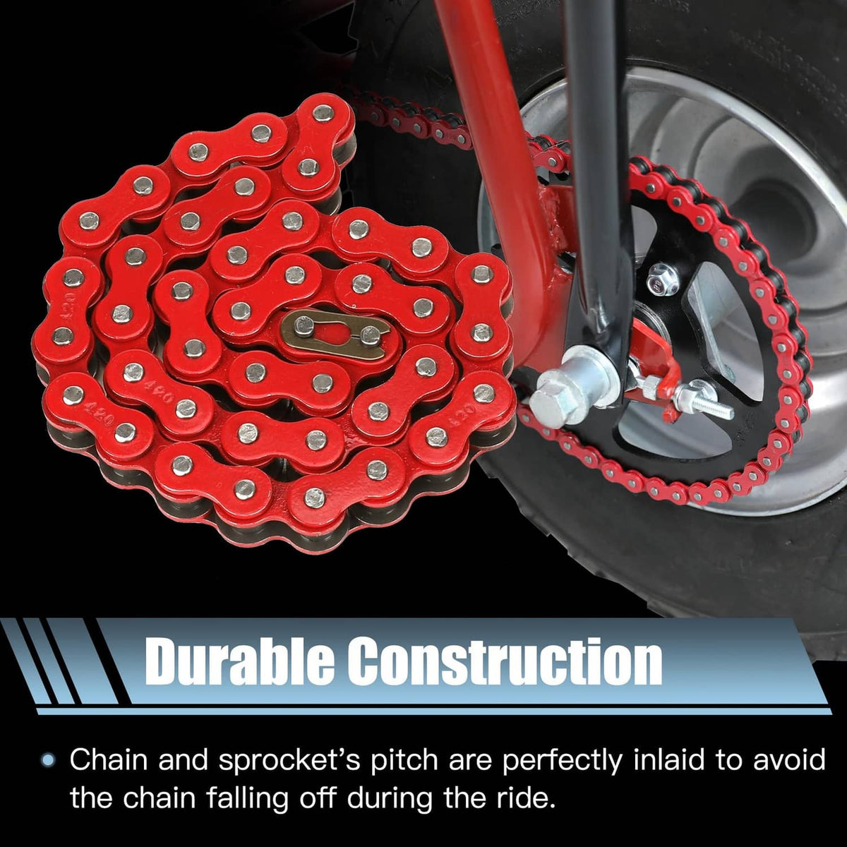 Red 420 roller chain and rear sprocket with wheel, close-up of link plates