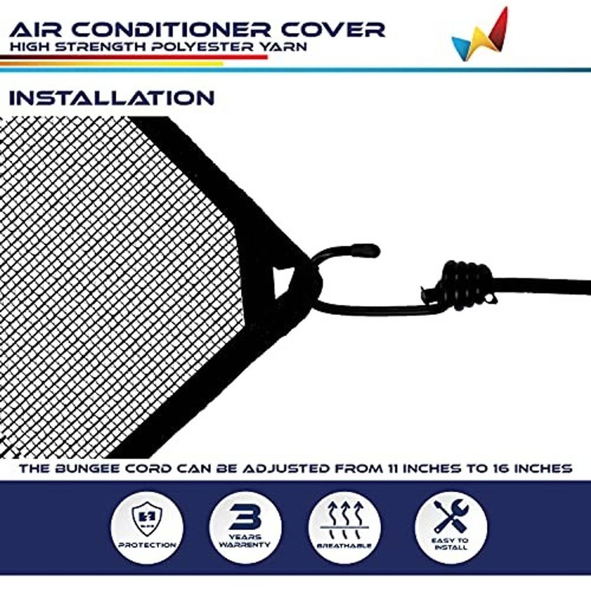 Black mesh air conditioner cover secured with bungee cords around the unit