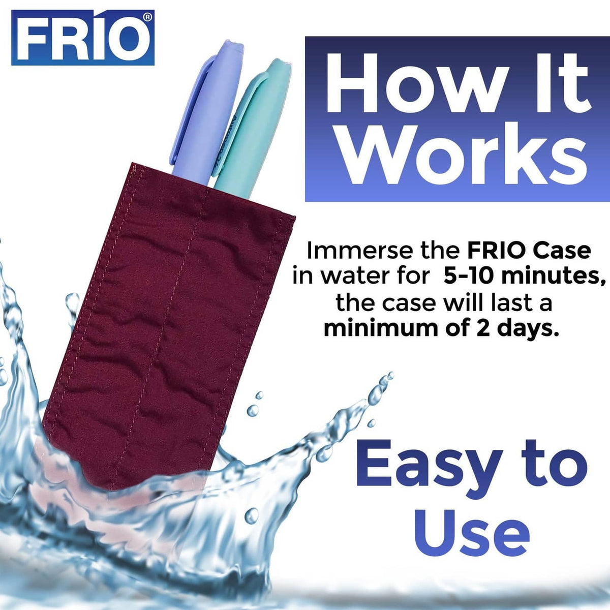 Red FRIO cooling wallet immersed in water with blue and teal tubes inside