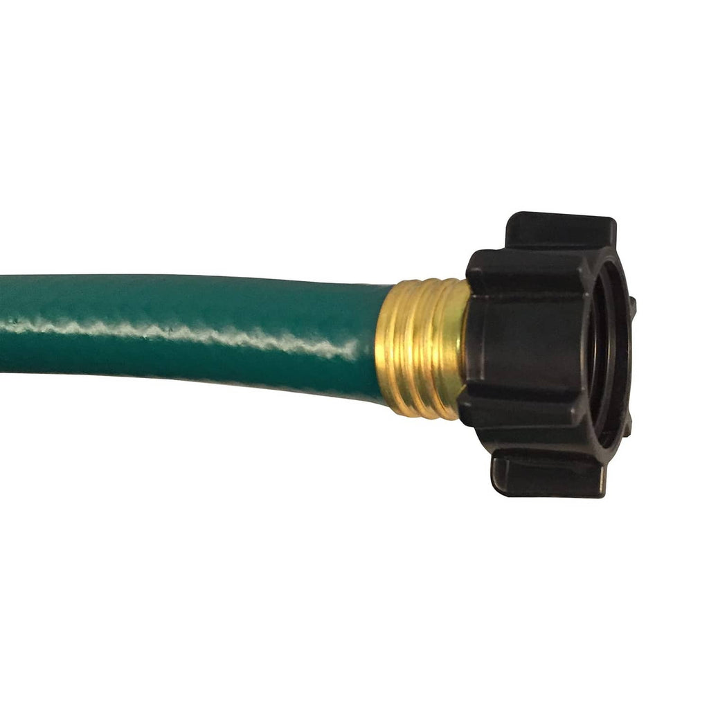 Green garden hose with brass connector and black threaded quick-connect end