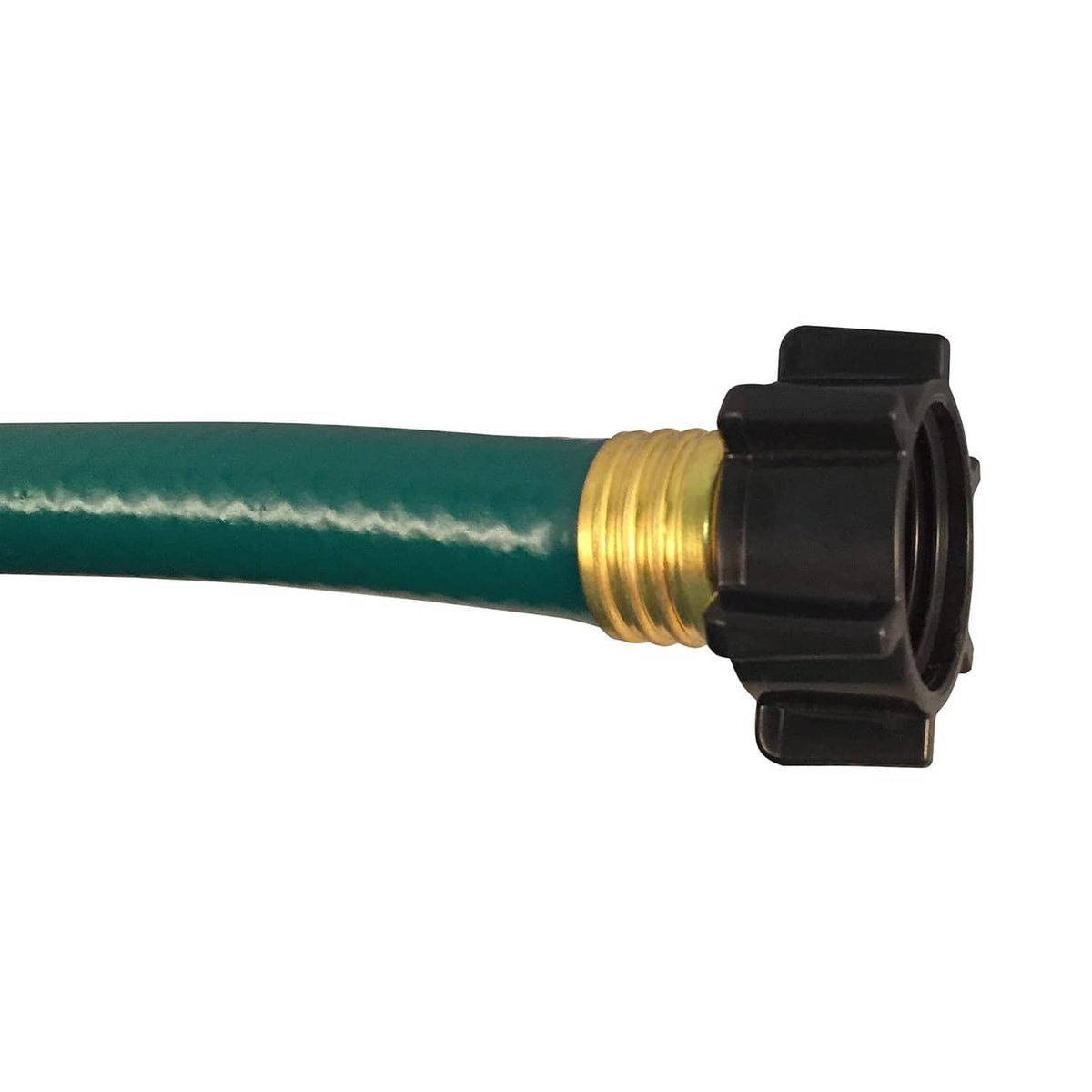 Green garden hose with brass connector and black threaded quick-connect end