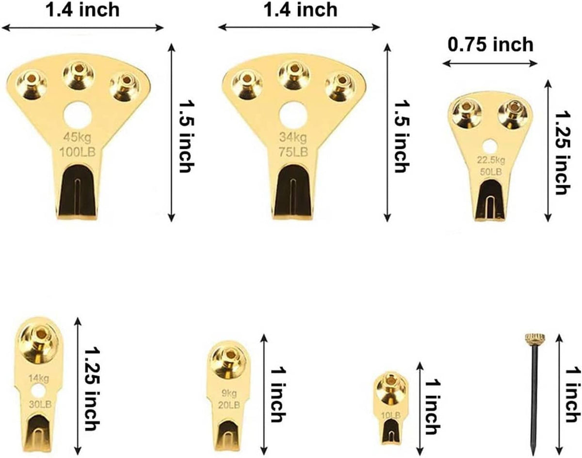 Gold picture-hanging hooks with size measurements and black nail rod