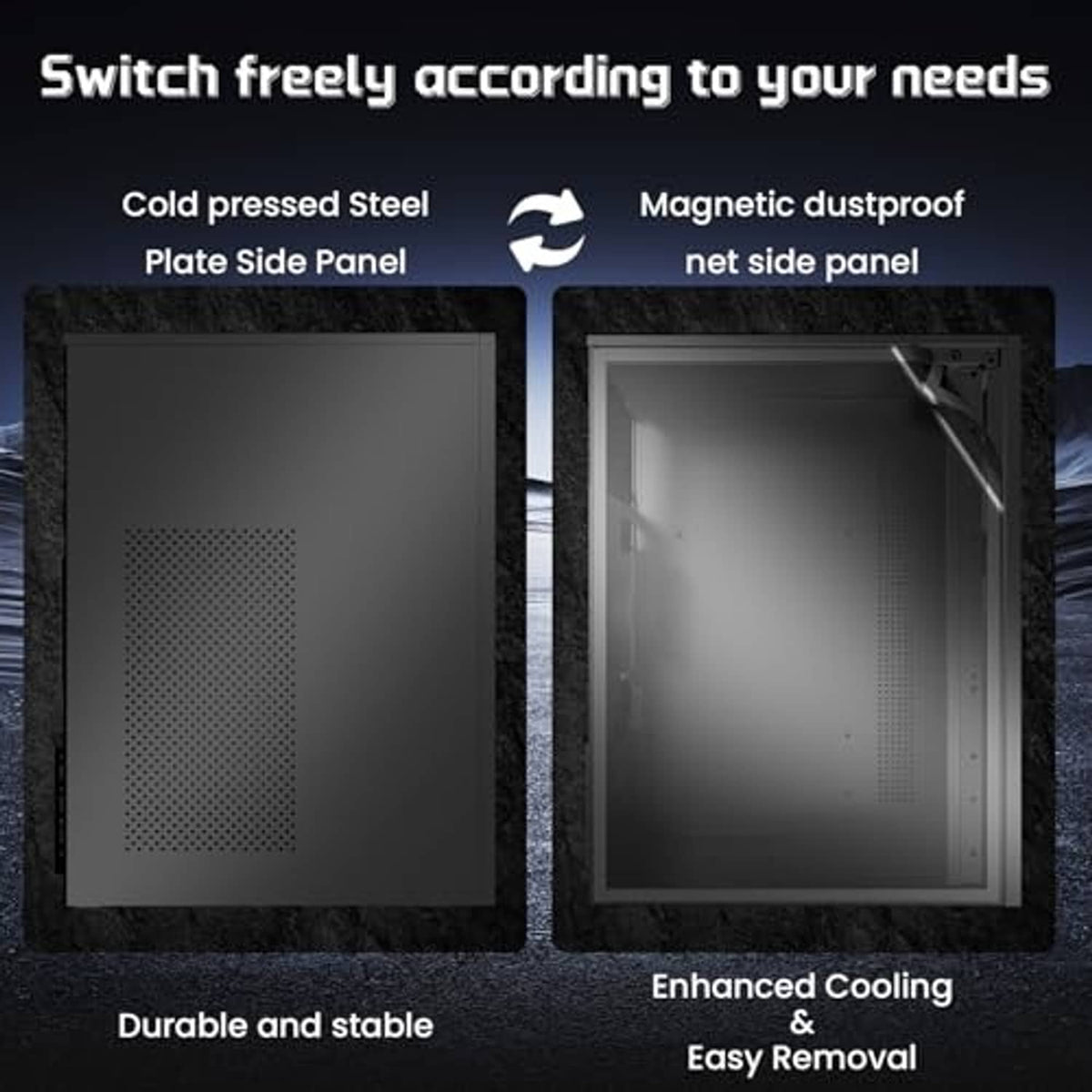 Black PC case with removable side panels: mesh front and solid panel