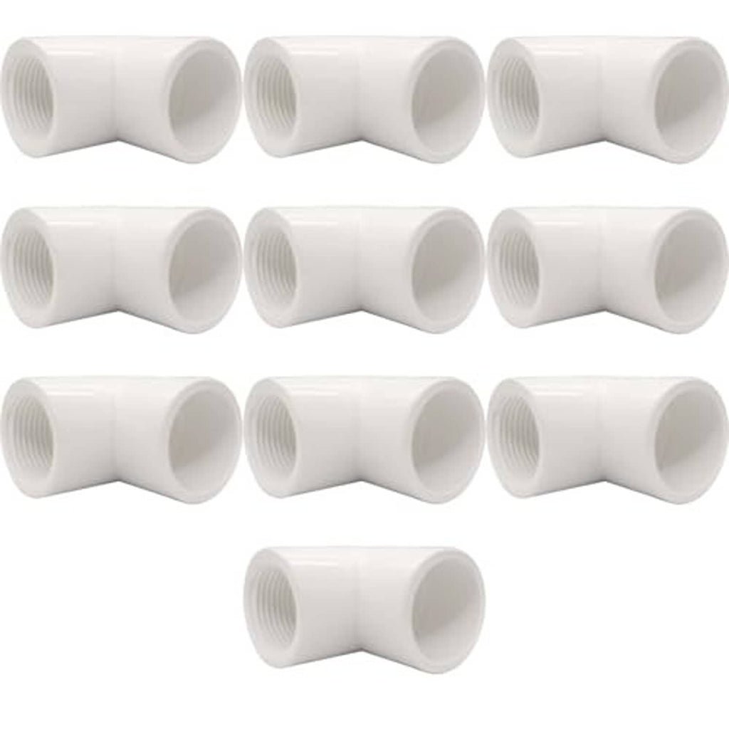 White PVC 90° elbow fitting with female threaded end and slip socket, multiple views