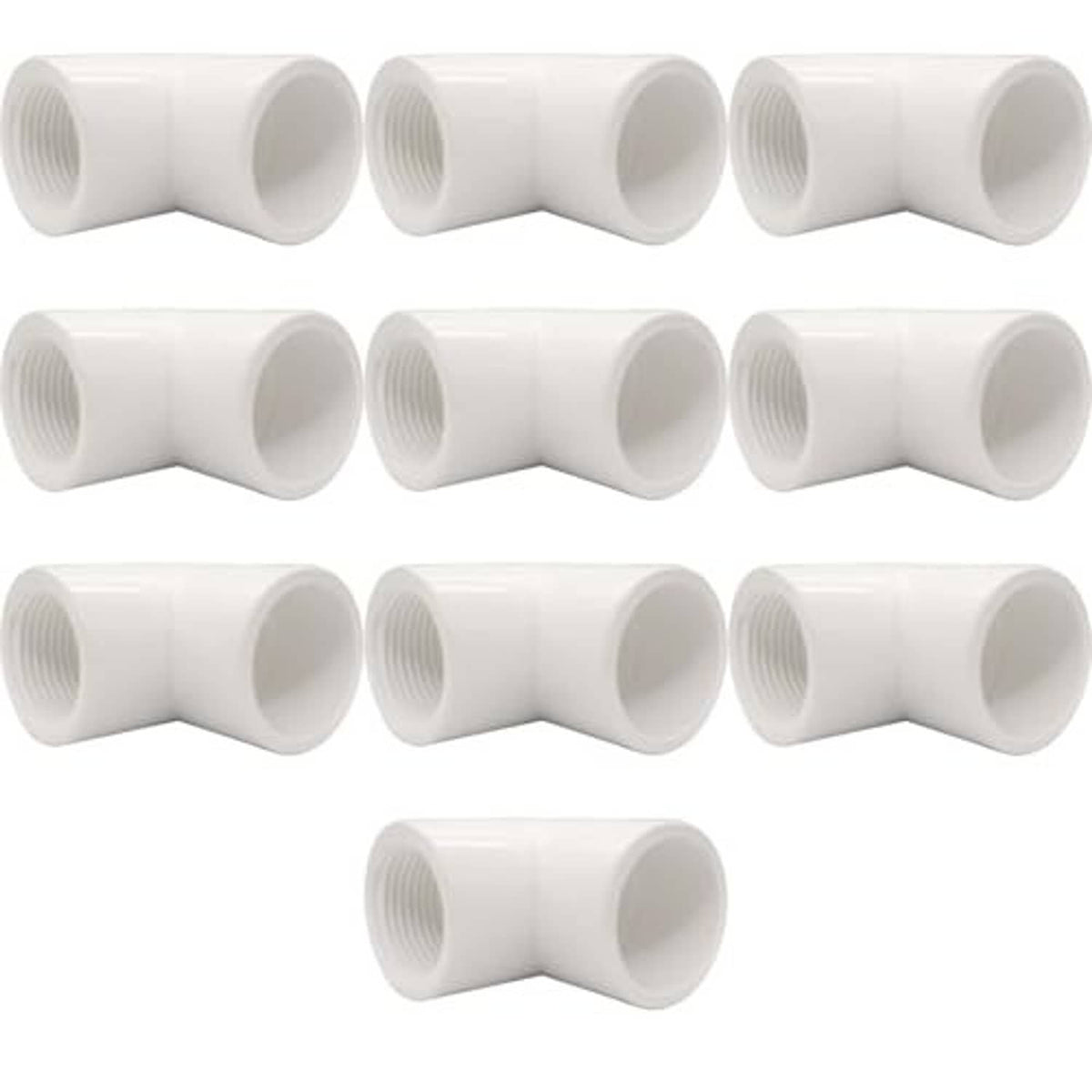 White PVC 90° elbow fitting with female threaded end and slip socket, multiple views