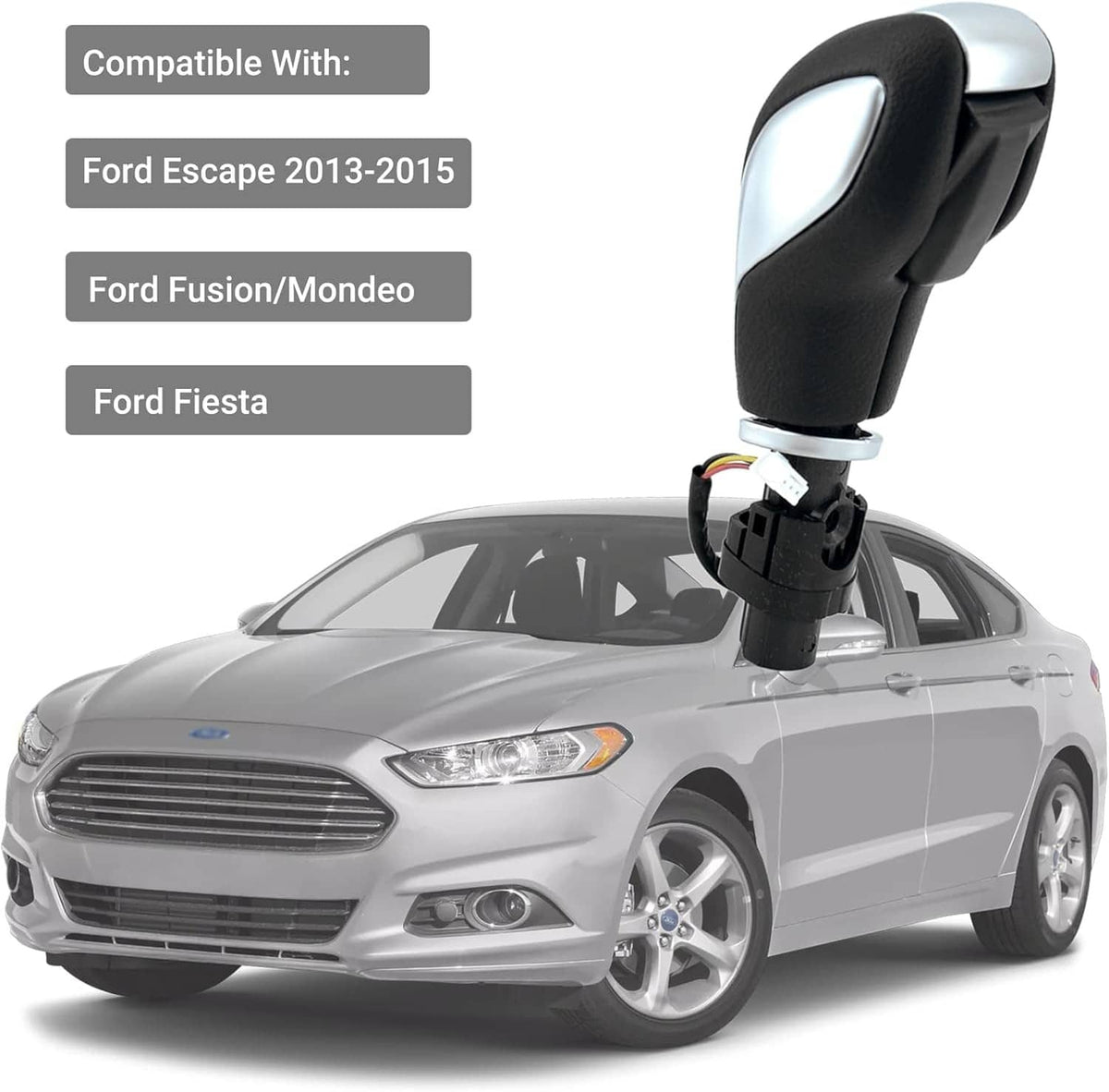 Automatic transmission gear shift lever with black leather knob and silver trim