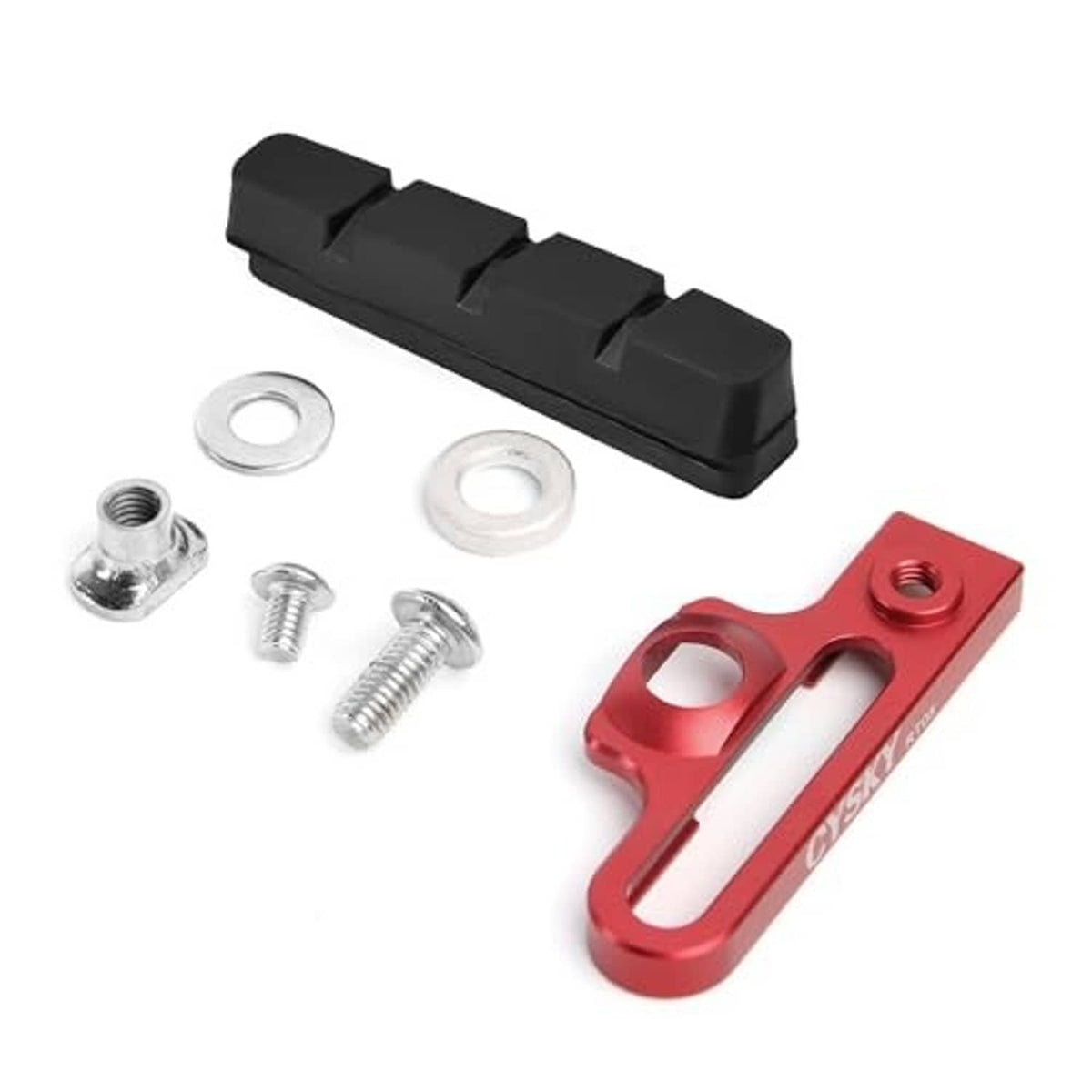 Red brake pad adapter with black pads plus included screws, nuts, and washers