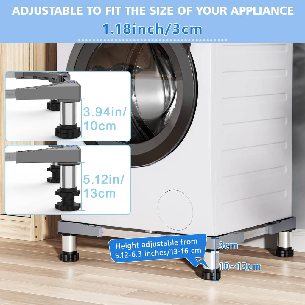 Gray mini fridge stand showing adjustable height with telescopic legs and size labels