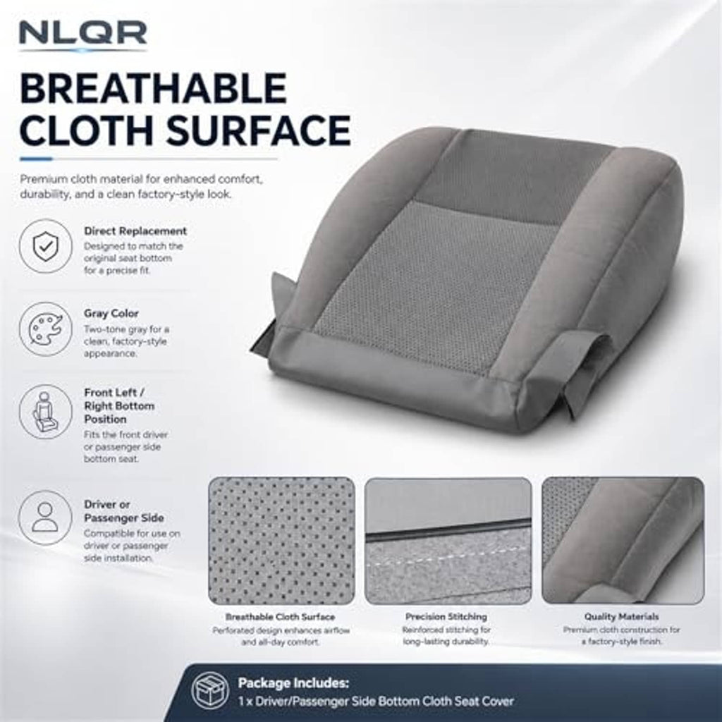 Gray cloth seat cover, curved back and bottom, textured center insert and stitched panels