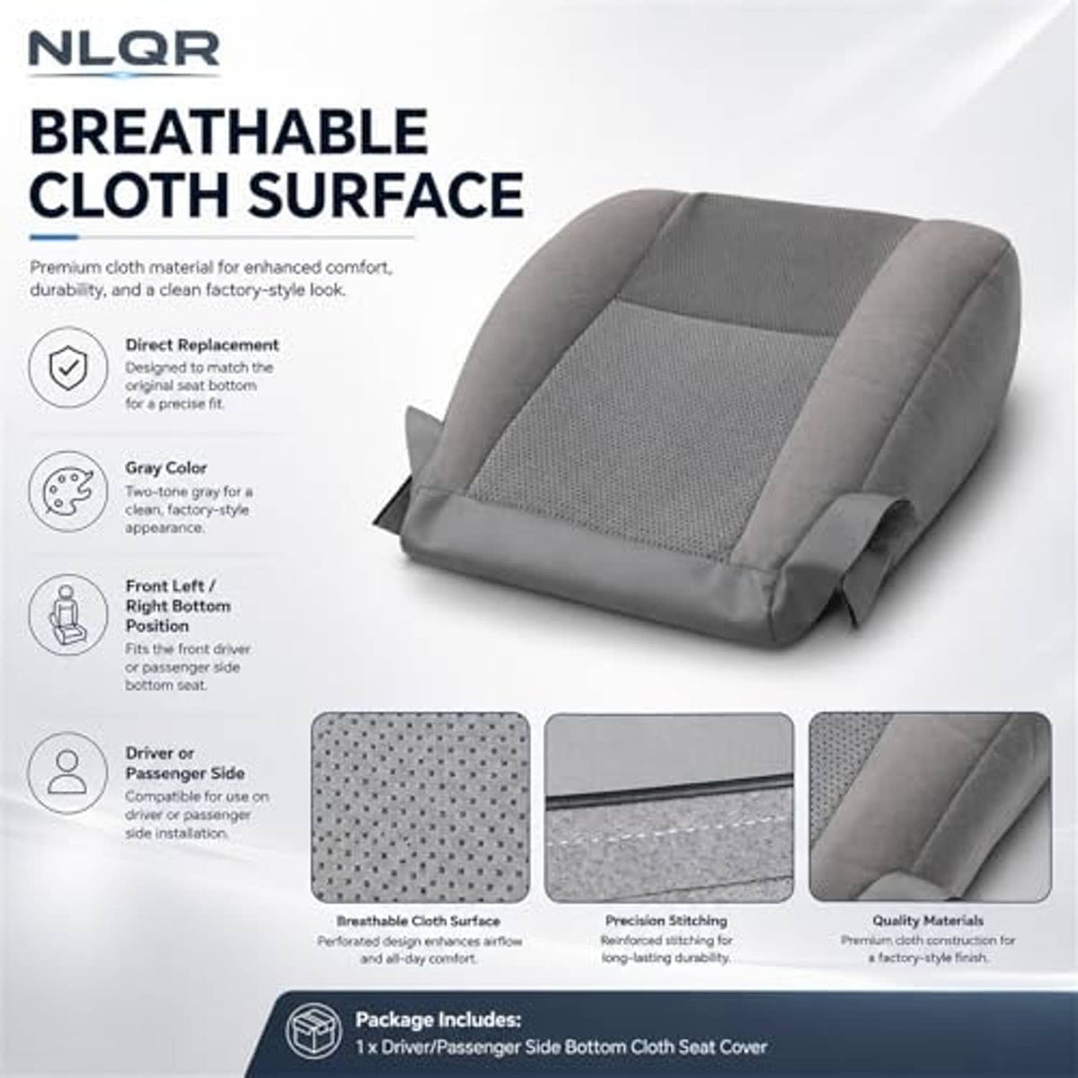 Gray cloth seat cover, curved back and bottom, textured center insert and stitched panels